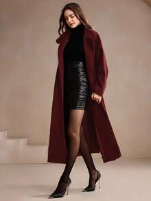 Anewsta Áo khoác dài cổ đứng màu trơn có thắt lưng cho nữ, Thu/Đông - Màu Đỏ Sâu - Xem 4