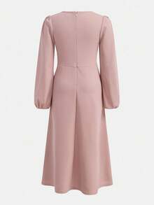 SHEIN Tween Girl Pearls Beaded Lantern Long Sleeve V-Neck Ruched Elegant Solid Pink Midi-Dress, For Autumn Winter - Pink - View 3
