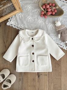 SHEIN 女婴幼儿新生儿0-3岁秋冬休闲优雅不对称领蝴蝶结大衣 - 杏色 - 查看 1