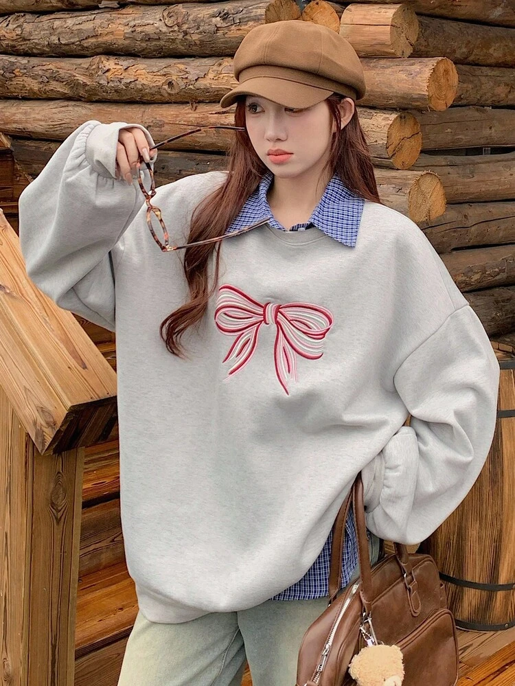 Fashionable Loose Fit Bow Embroidery Pattern Turndown Collar 2 In 1 Sweatshirt Fall/Winter