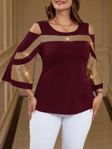 SHEIN Clasi 大码女式休闲宽松露肩黑色拼布T恤优雅女士服装 - 酒紅色 - 查看 5