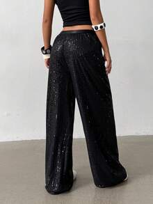 SHEIN Teen Girls' Loose Fit Sparkly Sequin Black Pants, Stylish Design For Casual Everyday Wear, Suitable For Any Occasion Black Wide Leg Pants Y2k Sequin Pants Wide Leg Sequin Pants Sequin Pants Black Sequin Pants Fall Winter