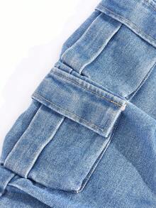 Toddler Boys' Washed Blue Non-Stretch Loose Straight Leg Cargo Pants, Multi-Functional Accordion Pockets, Pleated Workwear Style, Street Fashion, Casual, Vacation, Lightweight, Spring/Autumn Fall Winter - Medium Wash - View 7