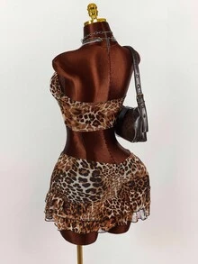 Y2K Amplova Women Super Wild Leopard Print Tube Top Ruffled Sleeveless Top And Pleated Ruffled Mini Skirt Two-Piece Set ,Versatile And Suitable For Parties And Daily Wear Cheetah Set Leopard Print Two Piece Set Animal Print Two Piece Set Cheetah Print Two Piece Set Leopard Set - Multicolor - View 7