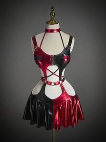 SHEIN ICON Váy mini hở lưng phối màu gợi cảm thời trang - Đỏ và đen - Xem 3