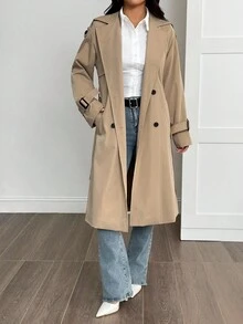 SHEIN PETITE 女式卡其色休闲磨边装饰学院风风衣 - 卡其色 - 查看 8