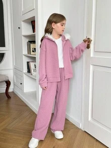 SHEIN 青少年女孩泰迪羊毛提花连帽拉链夹克和宽松长裤两件套 - 卡其色 - 查看 4