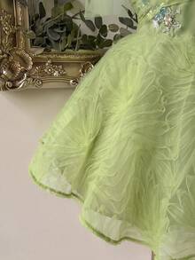 Lovelzi 优雅浅绿色网纱无肩带系带蝴蝶结刺绣贴花A字薄纱层叠毕业/生日/婚礼/正式派对礼服、舞会礼服、下午茶礼服、毕业典礼礼服、女士毕业礼服、返校礼服、情人节礼服 - 薄荷綠 - 查看 3