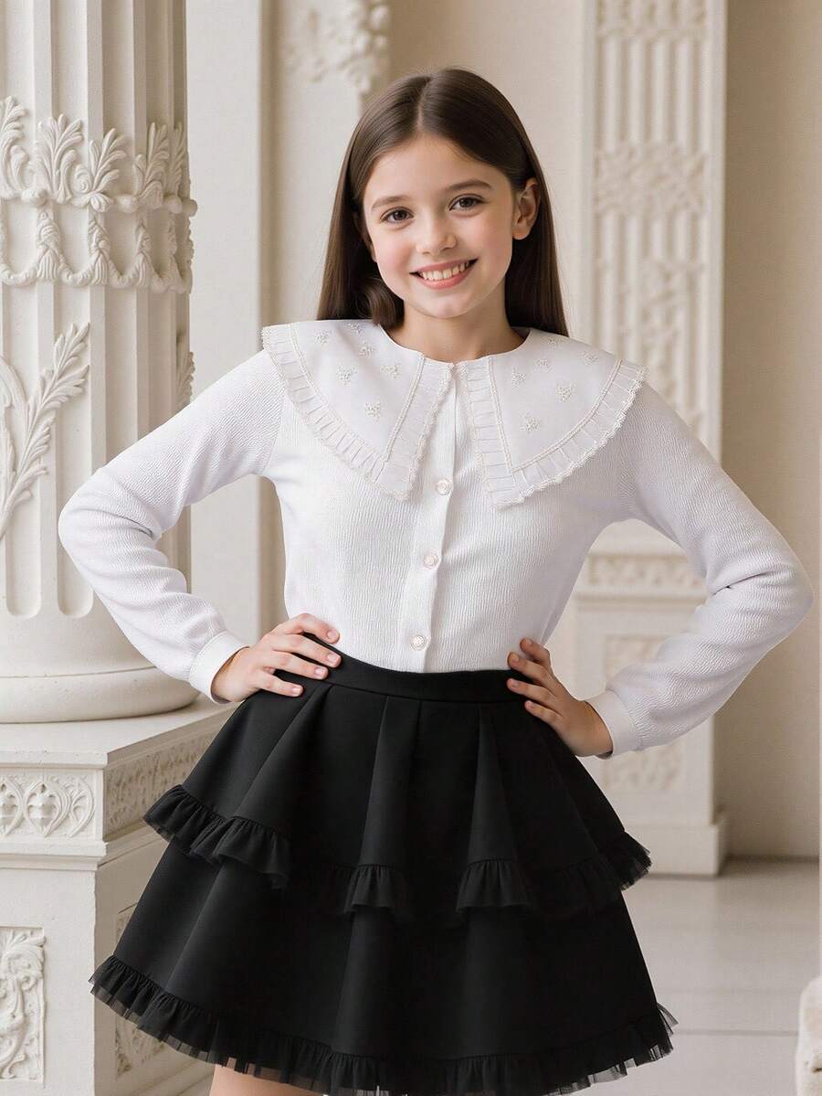 青少年女孩欧式蕾丝和网眼碎花边白色休闲衬衫 - 白色 - 查看 1