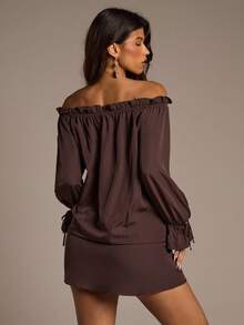 Aloruh Women's Off Shoulder Mini Dress With Puff Sleeves, Ruffle Hem, Bow & Beaded Decor, Bohemian Style Halloween Costumes Goth Dress Halloween Fall Winter Clothes For Women Fall Women Clothes Halloween Clothes Fall Clothes Halloween Clothes For Women Fall Outfits For Women Christmas Party - Brown - View 3