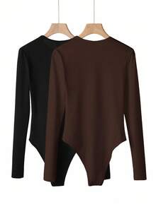 SHEIN BASICS 2件組/套 女款休閒素色針織圓領長袖連身衣 夏季女裝穿搭 - 棕色 - 查看 6