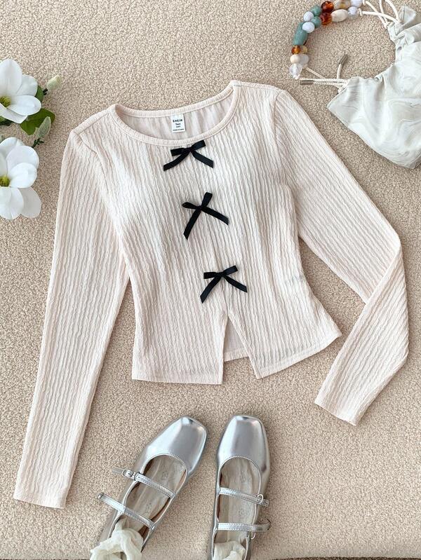 Teen Girls Casual Cute Texture Fabric Bow Decoration Round Neck Casual Color Block Bowknot Split Back Long Sleeves Top,Suitable For Spring, Autumn And Winter, Suitable For Autumn And Winter Inner Wear,Back To School Season Bow Shirt Tween Tween Girls Long Sleeve Blouse Bow Clothes