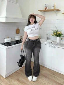 SHEIN MOD Plus Size Blue Denim Casual Skinny Flare Jeans - Black - View 7