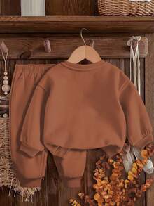 SHEIN Baby Girl Knitted Soft Loose Round Neck Pullover Sweatshirt Set, Casual Thickened For Autumn/Winter - Coffee Brown - View 2