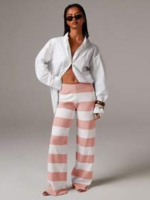 Athîral Women's Soft Striped Knit Lounge Sweater Pants In Fall/Winter - Baby Pink - View 3