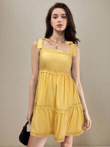 Muvela Women's Solid Color Layered Sleeveless Mini Dress, Summer Clothing Yellow Dress Women