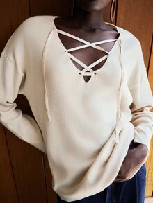 Lumivelle Suéter casual de mujer de manga larga con hombros caídos y nudo delantero, unicolor, otoño - Albaricoque - Ver 6