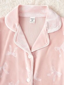 Genkimix Kids 2pcs/Set Cute Velvet Bow & Floral Print Long Sleeve Cardigan And Pants, Comfortable Casual Loungewear For Girls Girls Pink Pajama Set Fall Winter - Pink - View 5