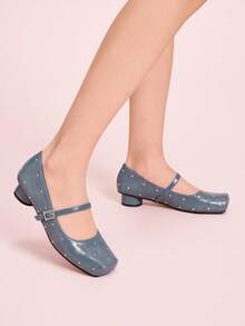 CUCCOO DOLLMOD Damen Quadratische Zehenkappe Nieten Dekor Schwarze Quadratische Zehenkappe High Heel Mary Jane Schuhe, Zylinderabsatz, klassischer Retro Stil