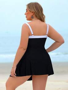 Swim Lushoire Plus Size Women Black & White Color Block Pleated Adjustable Strap Elegant Sexy Beach Skirt For Summer Beach Vacation