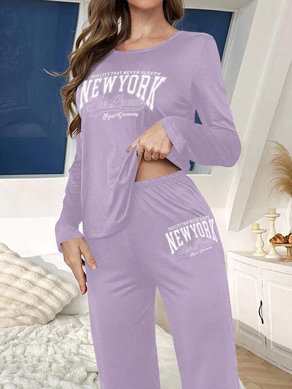 SHEIN Letter Print Casual Loose Fit Long Sleeve Top & Pants Women Pajama Set, Fall Clothes