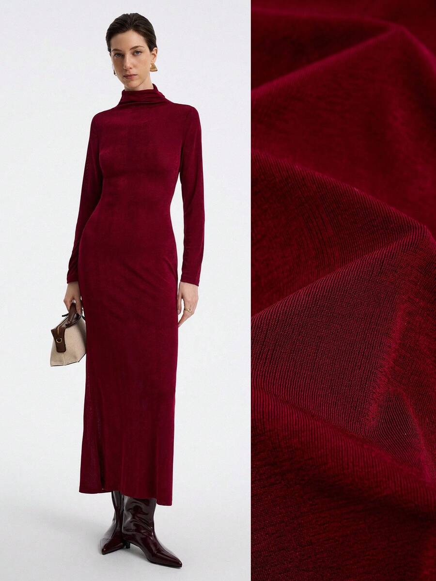 Lyxana 女士优雅时尚通勤休闲舒适迷人复古简约高领束腰修身鱼尾下摆纯色闪光针织连衣裙，长袖 - 酒紅色 - 查看 1