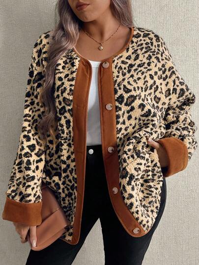 EMERY ROSE Plus Size Women Loose Casual Leopard Print Teddy Fleece Warm Jacket, Autumn/Winter Fall Cloth For Women