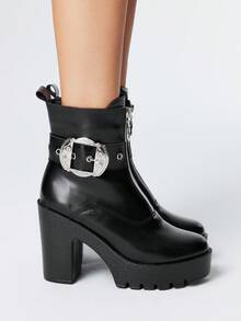 ROMWE Grunge Punk Giày nữ kiểu Gothic mũi tròn, gót dày, khóa kim loại, cao gót, giày punk da PU màu đen, phù hợp cho tiệc tùng, mặc hàng ngày và dự tiệc tối. - màu đen - Xem 4