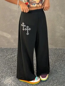 Coolane Kids Pantalones de chándal anchos con cintura con cordón y decoración de strass en estilo Y2K para niñas preadolescentes, atuendos para graduación y regreso a la escuela - Negro - Ver 4