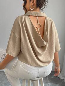 Elenzga Plus Size Women Solid Color Drop Shoulder Loose Fit Shirt With Back Slit Neckline Design - Khaki - View 3