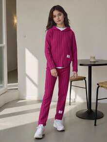 SHEIN 青少女字母拼接垂肩連帽t恤＆緊身褲 - 玫紅色 - 查看 8