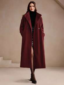 Anewsta Áo khoác dài cổ đứng màu trơn có thắt lưng cho nữ, Thu/Đông - Màu Đỏ Sâu - Xem 5