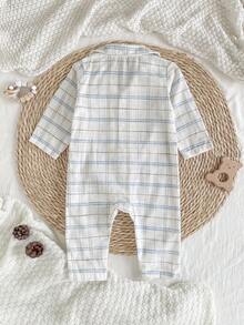 男婴柔软舒适蓝白格子布可爱小熊刺绣长袖连体睡衣新生儿男宝宝连体衣格子婴儿服男宝宝连体衣新生儿睡衣男宝宝新生儿服装新生儿秋装男宝宝冬季连体衣 - 白色 - 查看 2