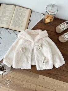 SHEIN Baby Girl Infant Toddler Newborn 0-3 Years Cute Casual Plush Flannel 3D Rabbit Ear Hooded Jacket Fall Winter - White - View 5