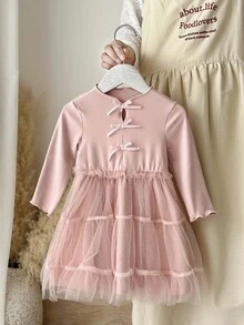 SHEIN Korean Style 2 In 1 Plaid Dress, Sweet Princess Baby Girl Outfit, Spring/Autumn Fall Winter - Dusty Pink - View 1