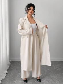 Elenzga 大码女式优雅翻领长款西装外套 + 裤子套装，杏色 - 杏色 - 查看 6