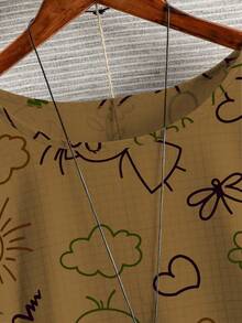 Linhara 加大码编织可爱卡通印花圆领短袖宽松常规长度T恤 - 卡其色 - 查看 5