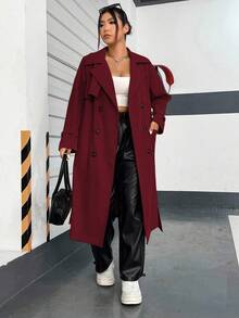 Rustia Casual Collegiate Vintage American Double-Breasted Notched Lapel Side Pocket Long Windbreaker CASUAL - Burgundy - View 3