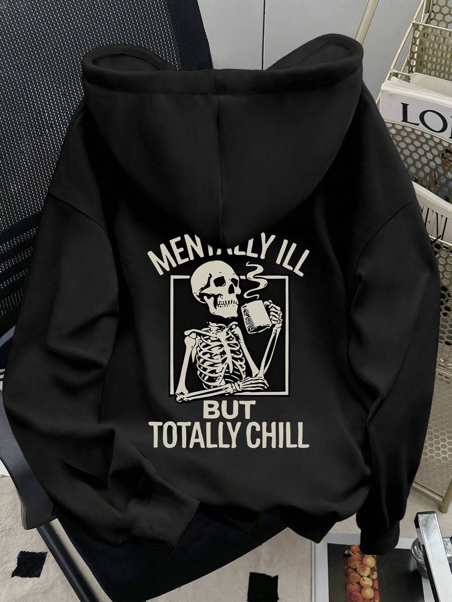 SHEIN 女士休闲标语骷髅印花长袖卫衣，秋季款 - 黑色 - 查看 1