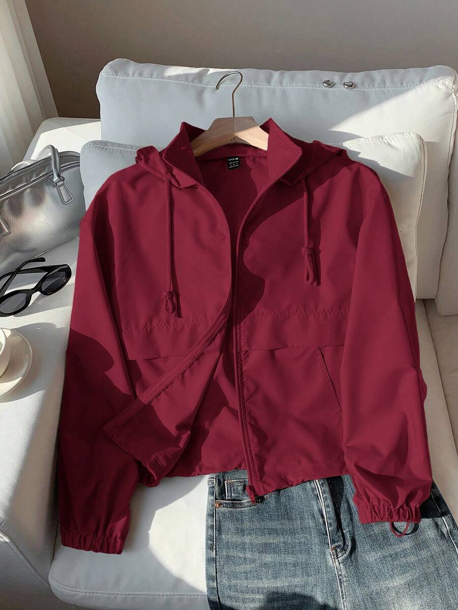 Comfortcana 秋冬女士杏色抽绳口袋编织连帽防晒夹克 - 酒紅色 - 查看 1