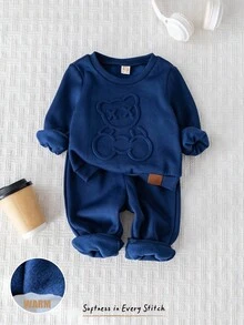Cozy Pixies 2 pezzi Set di maglia a girocollo a maniche lunghe con motivo a rilievo di orsetto cartoni animati e pantaloni con vita elastica e polsini alla caviglia per bambini/bambine, con fodera in pile caldo, adatto per autunno/inverno, comodo, versatile, casual, carino, design semplice, adatto per interno, esterno, uso quotidiano, sport, gioco, festa, Ognissanti, Natale, Capodanno, ritorno a scuola