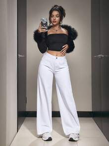 SHEIN PETITE 休闲百搭纯色直筒白色牛仔裤，牛仔裤