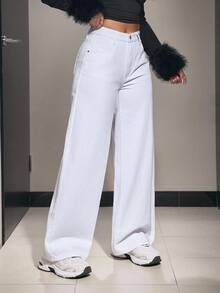 SHEIN PETITE 休闲百搭纯色直筒白色牛仔裤，牛仔裤