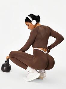 Easithlete 1 Quần legging thể thao kaki nữ kèm quần tập yoga cạp chữ V - Cà phê nâu - Xem 2