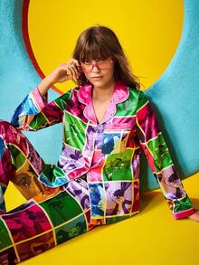 Chillnights X LOONEY TUNES Damen Cartoon Muster Farbblock Langarm Top & Hose Pyjama Set, Damen Pyjamas mit grafischem Muster, Cartoon Muster Pyjamas, bunte Pyjamas, Herbstkleidung