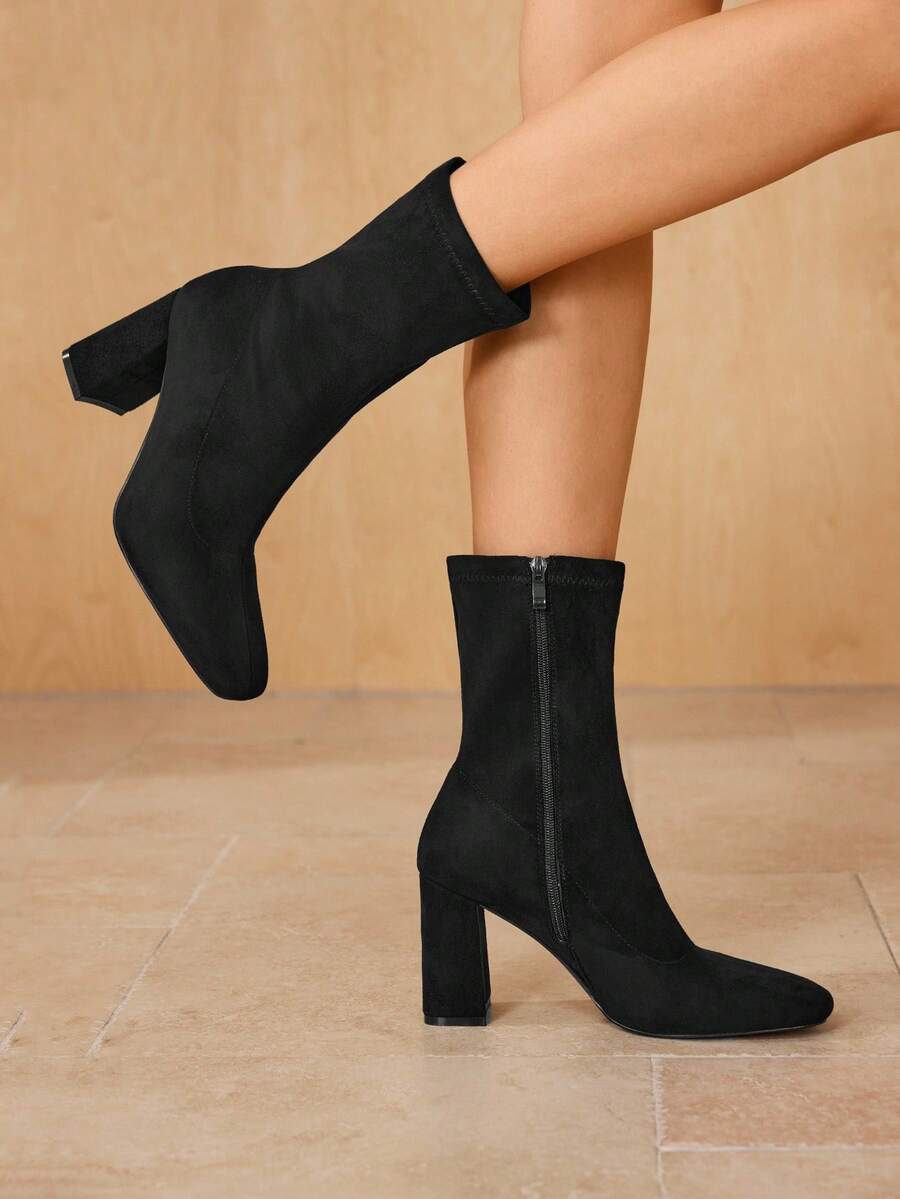MOTF 女士时尚黑色粗跟中筒靴 - 黑色 - 查看 1
