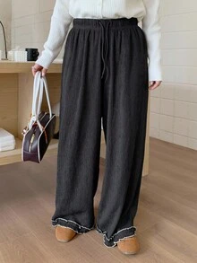 Dazy Plus Plus Size Women Casual Pants With Ribbed Fabric, Elastic Waist, Drawstring, Patchwork Ruffle Hem, Long Length Fall - Black - View 4