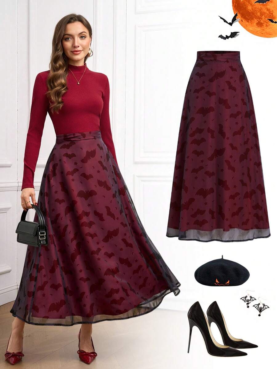 Ellevyn Halloween Bat Print Skirt, Comfortable And Easy To Wear,Halloween ,Brown Burgundy - Multicolor - View 1