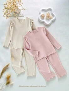 4pcs Young Girl Elegant Ribbed Knit Long Sleeve Top And Pants Casual Comfortable Underwear Set