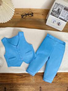 SHEIN Baby Boy Solid Color Vest And Pants Gentleman Suit Set - Blue - View 3